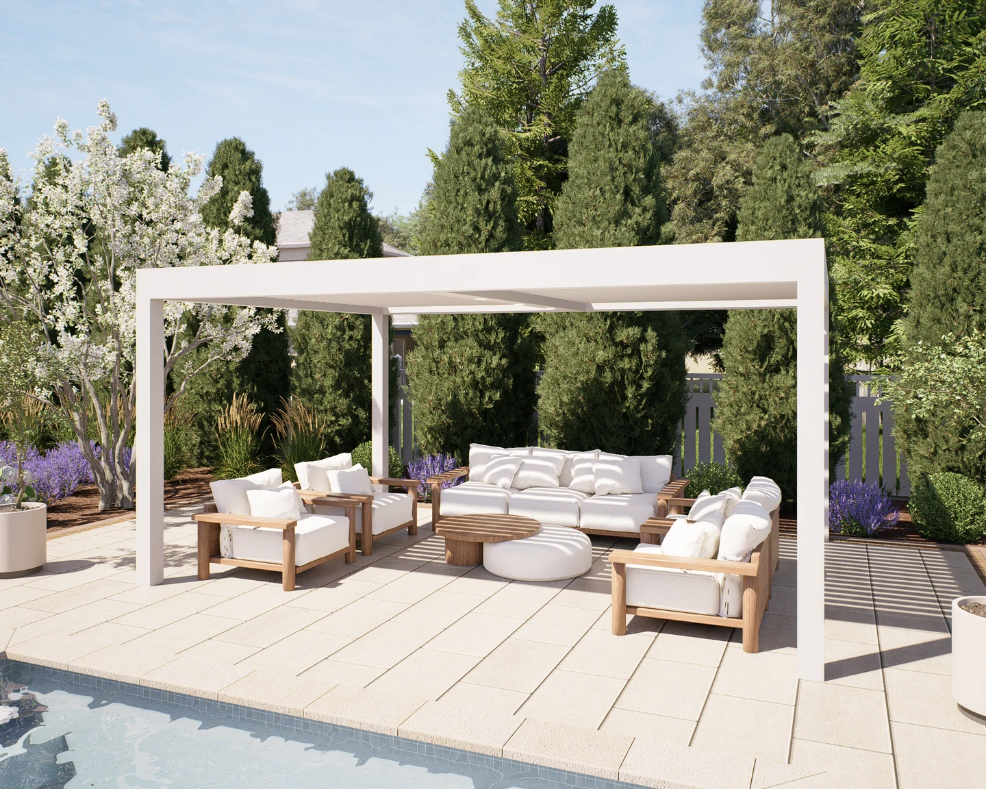 Design visualization of a poolside pergola with lounge seating, pale paving, and layered planting.