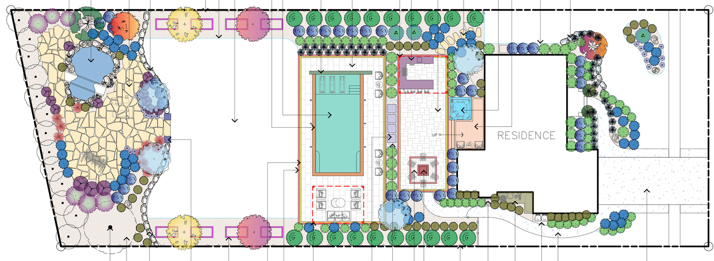 Actual LS-01 site plan: garden at left, pool in the center, and residence at right.