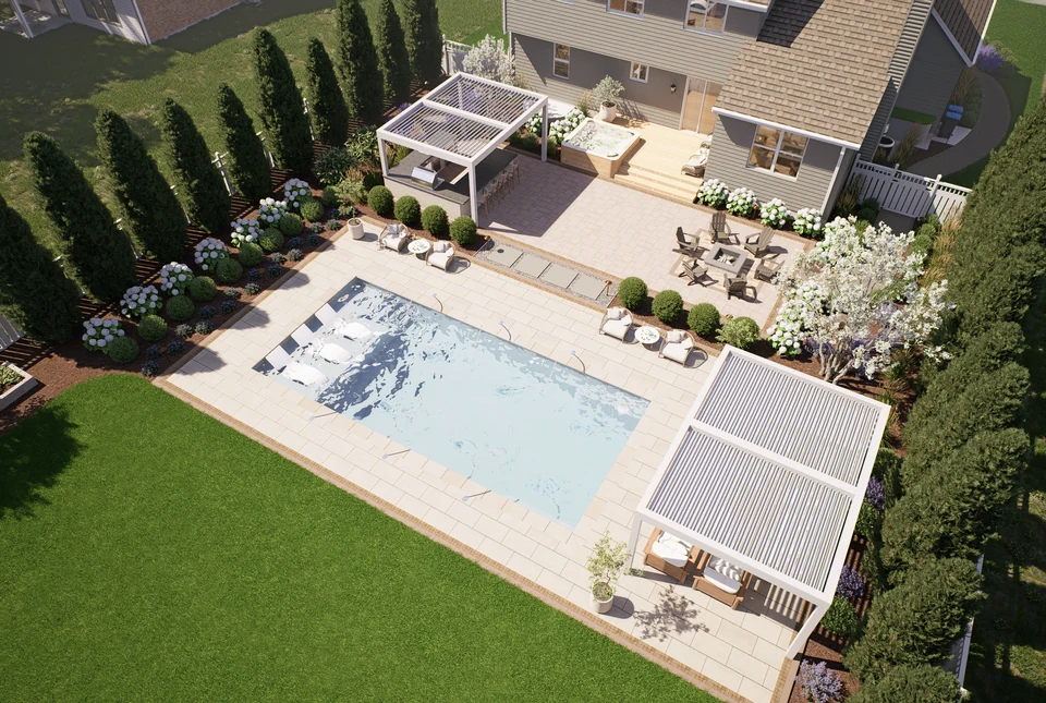 Aerial design visualization connecting the pool, pergolas, outdoor kitchen, deck, and fire-pit seating.