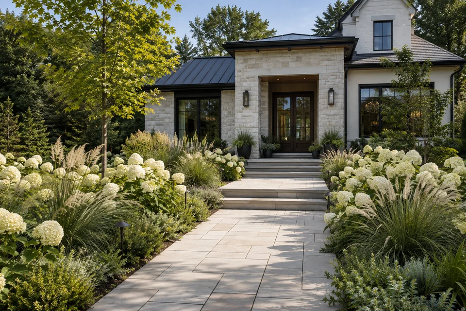 AI-generated style inspiration: a residential entry with layered planting.